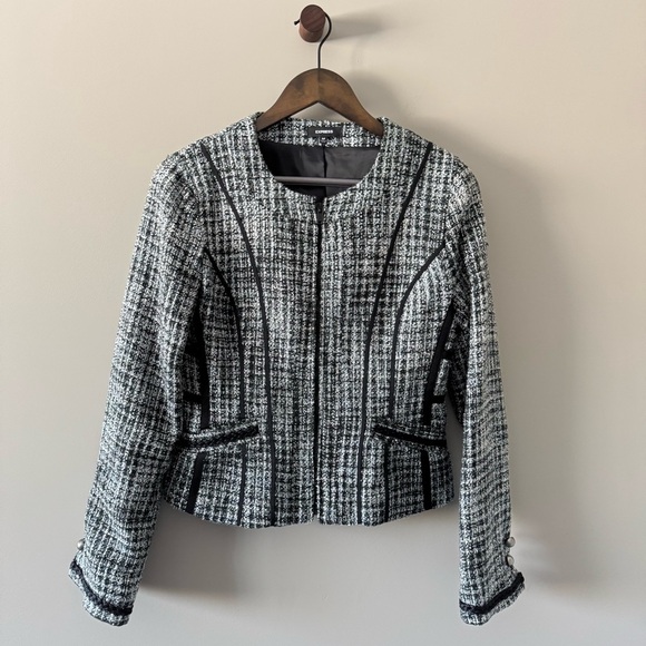 EXPRESS METALLIC PLAID TWEED JACKET WITH BRAIDED DETAIL SIZE MEDIUM - Picture 1 of 9